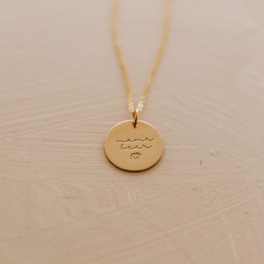 Mama Bear Dainty Gold Disc Charm Pendant Necklace - Picture 5 of 5